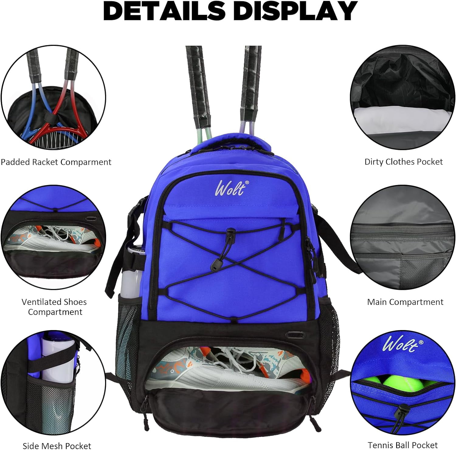 WOLT Pro Tennis Racquet Backpack 34L - 2 Racquet Holder & Ventilated Shoe Compartment Multifunctional Tennis Racket Bag Blue