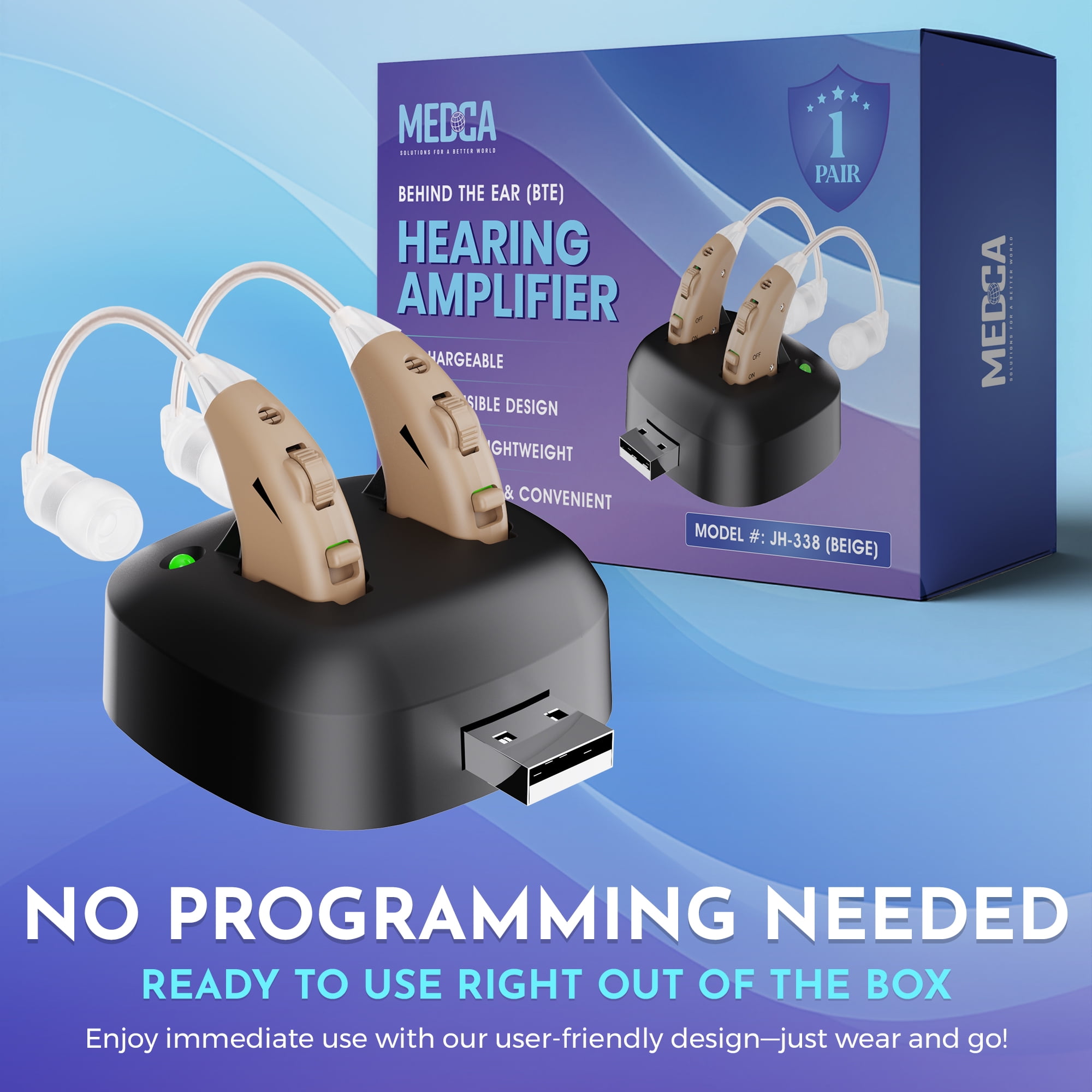 MEDca Rechargeable Digital Hearing Amplifier Set with Accessories, Multicolor, 2 Piece