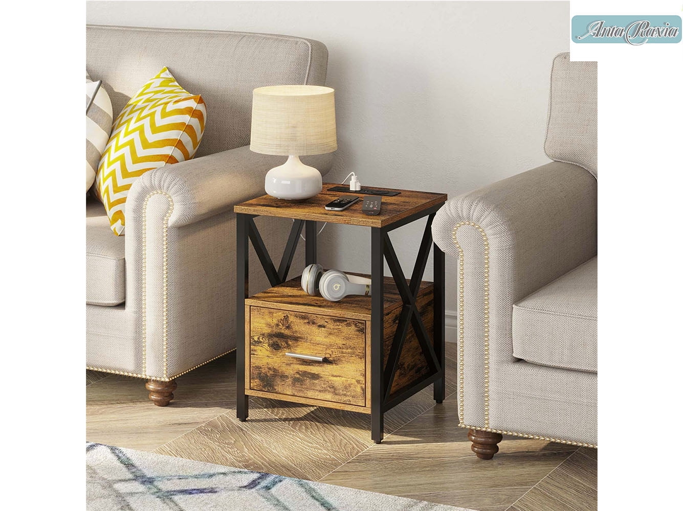 End Table with Wireless Charging Station, Nightstand with Power Outlet