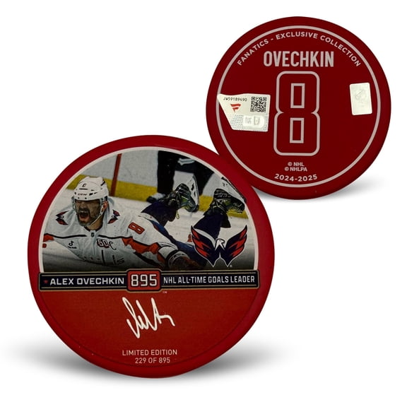 Alexander Ovechkin Autographed Washington Capitals Signed Hockey Puck 895 Goal Breaks Wayne Gretzky's NFL Scoring Record Fanatics Authentic COA