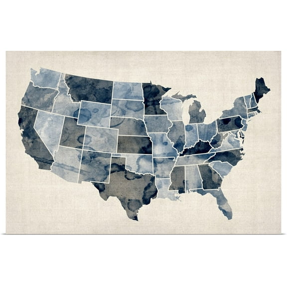 Great BIG Canvas | Rolled Michael Tompsett Poster Print entitled Map of United States of America, watercolor in blue