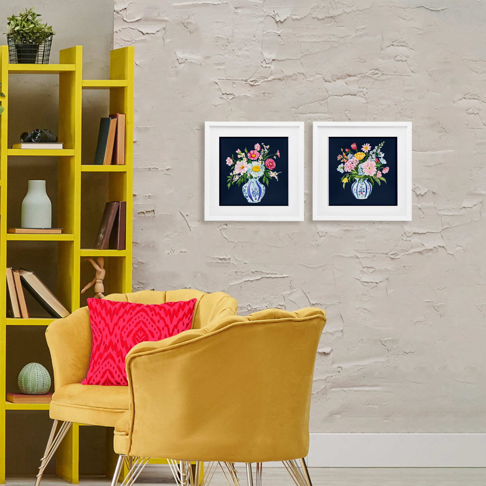 Twin Chinoiserie Vases 2 Piece White Framed Print Under Glass Set, design by Yen