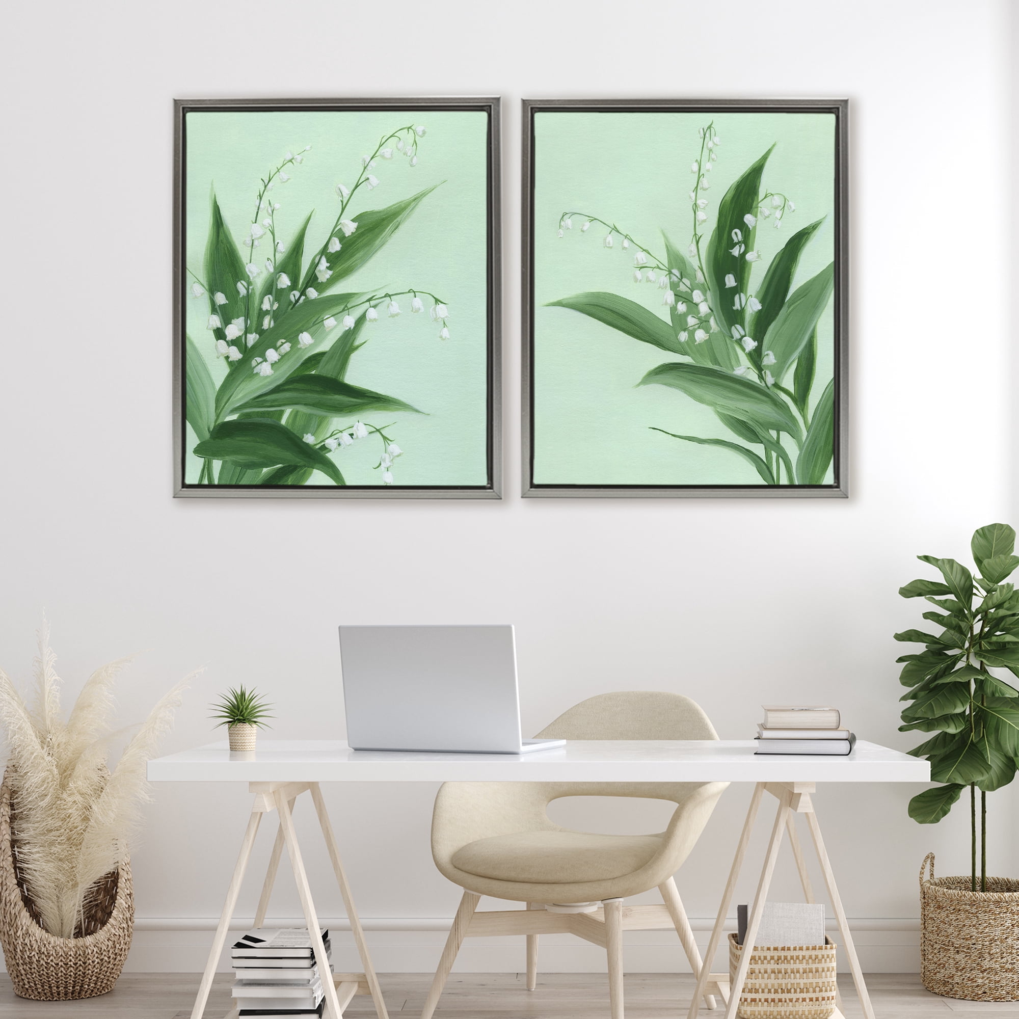 Stupell Industries Blooming Lily of Valley 2 Piece Gray Framed Floater Canvas Set, design by Grace Popp