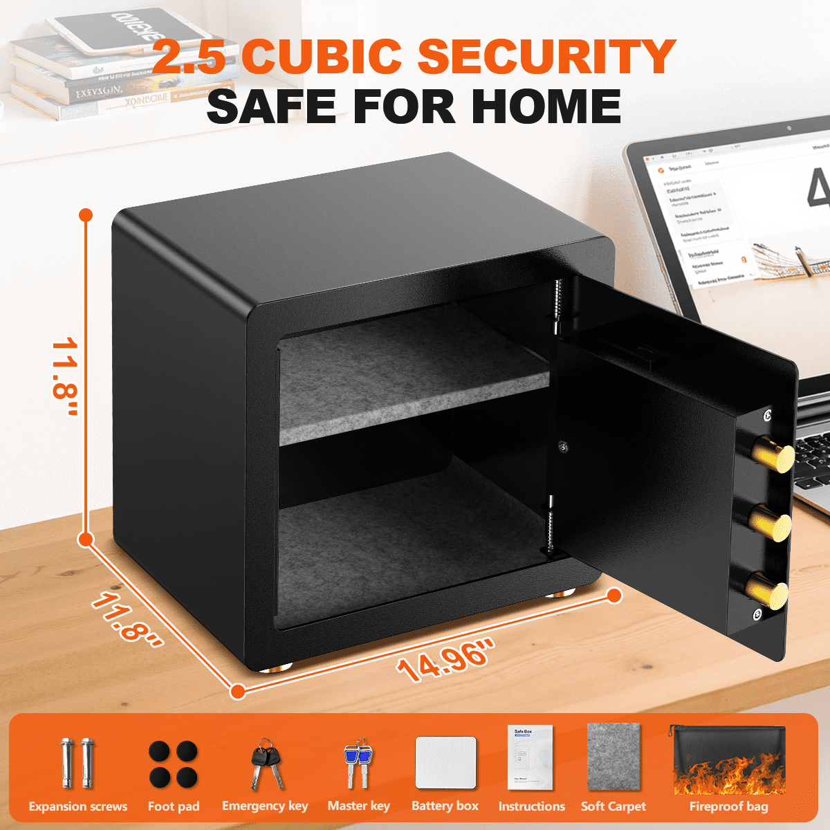 Gemaisil 2.5 Cuft Safe Box with Digital Keypad, Security Safe with Fireproof Waterproof Bag, Adjustable Shelf, Alarm System, Office & Home Safes for Cash, Jewelry, Documents, Black