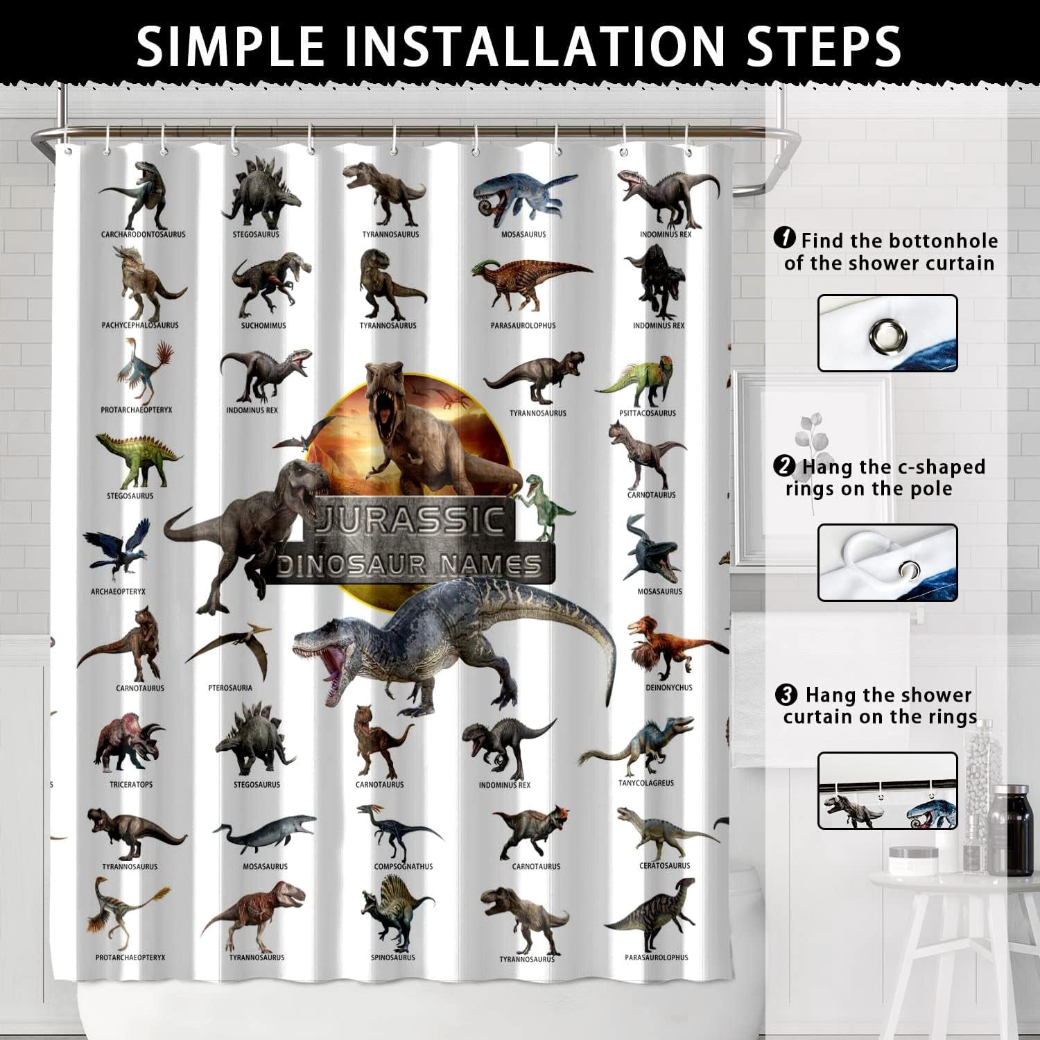 Kids Dinosaur Shower Curtain for Bathroom - Funny Jurassic Dino World Park Shower Curtain Sets Bathtub Decor with 12 Hooks Washable Durable Polyester Fabric 72"x72"