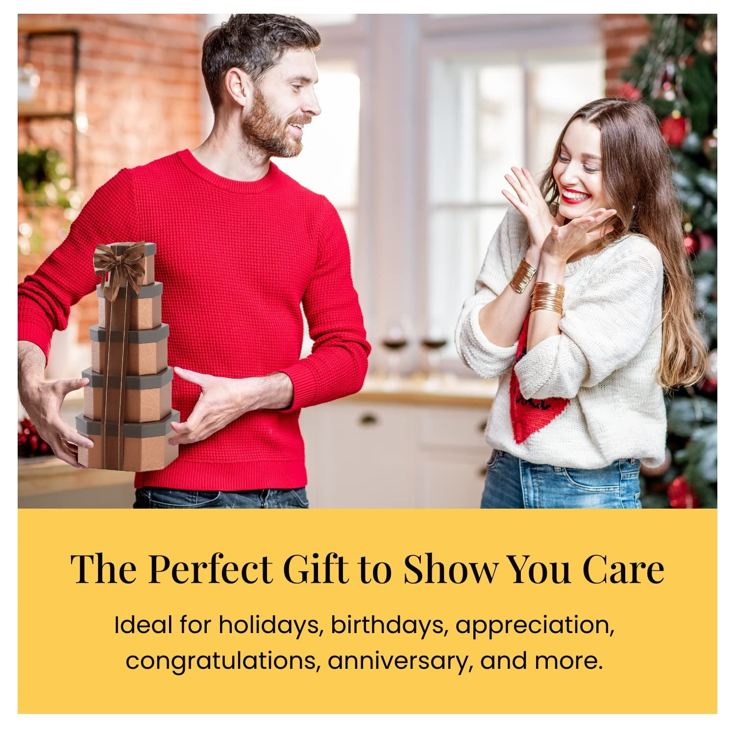 Broadway Basketeers Tower of Sweet Gift Set, Perfect for Christmas, Birthday, Corporate, Get Well, Thank You, or Any Holiday Occasion, Amazon Prime Gourmet Baskets Food Gifts, Brown, 5 Piece Set