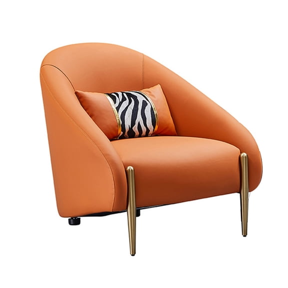 Benjara Kie 33" Accent Chair- Pillow- Curved- Orange Real Leather- Gold Metal