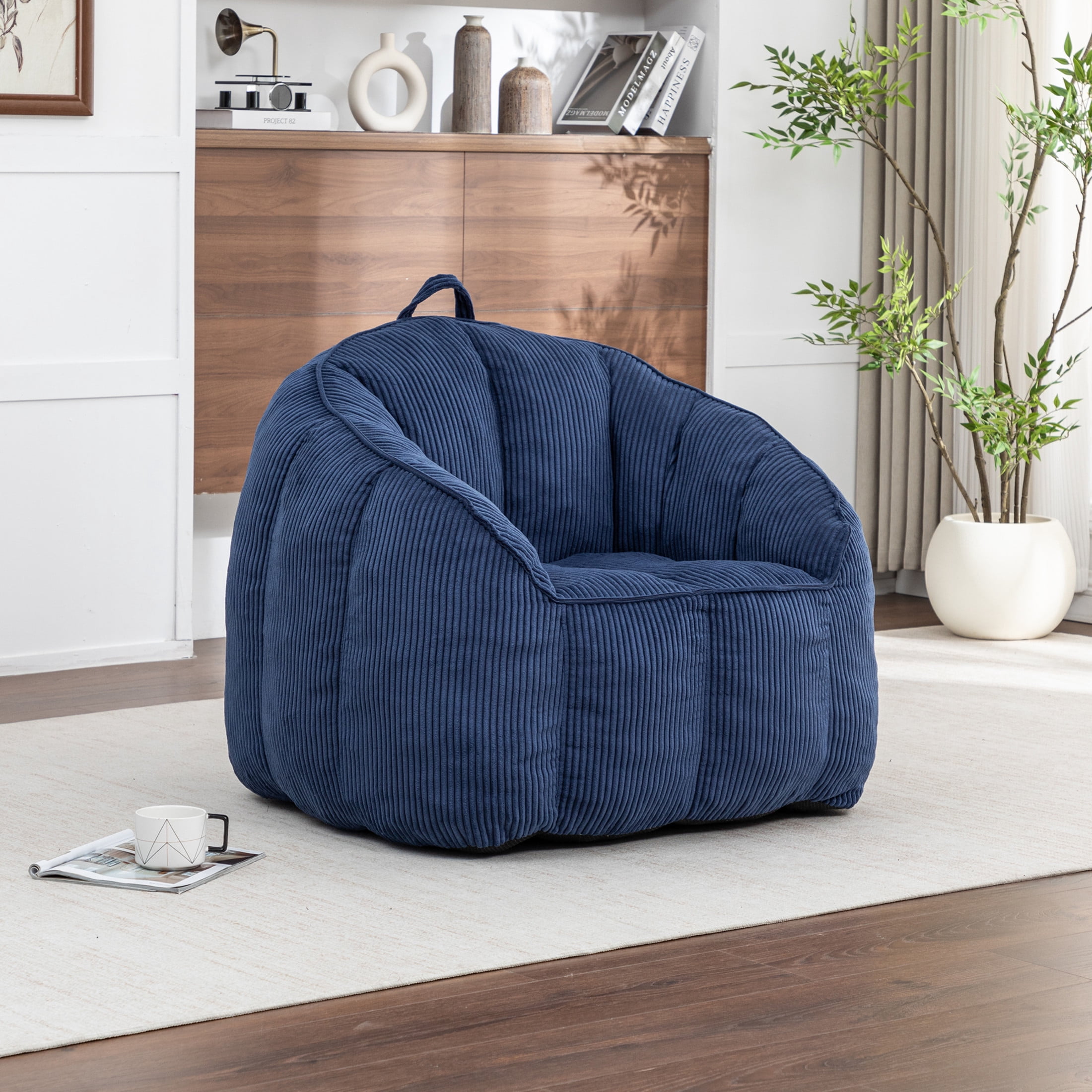 Noble House Revon Giant Corduroy Bean Bag Chair with Armrests, Cozy Memory Foam Lounge Couch for Living Room, Dark Blue