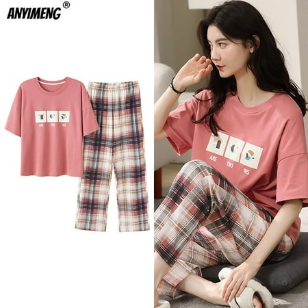 

New Sleepwear Cartoon Cotton Pajamas for Women Long Pants Short Sleeved Summer Spring Loungewear Fashion Home Clothing Homewear