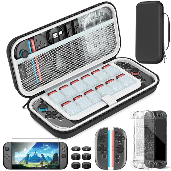 2025 Upgraded Switch 2 Accessories Kit - Portable Carrying Travel Case with 12 Game Slots, Protective Cover, HD Screen Protector & 6 Thumb Grips (Black)