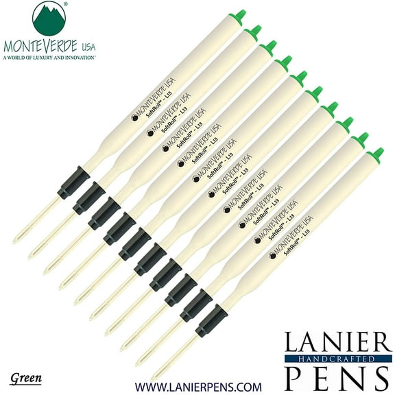 Lanier Combo Pack - 10 Pack - Monteverde Soft Roll Ballpoint L13 Paste Ink Refill Compatible with most Lamy Style Ballpoint Pens - Green (Medium Tip 0.7mm)