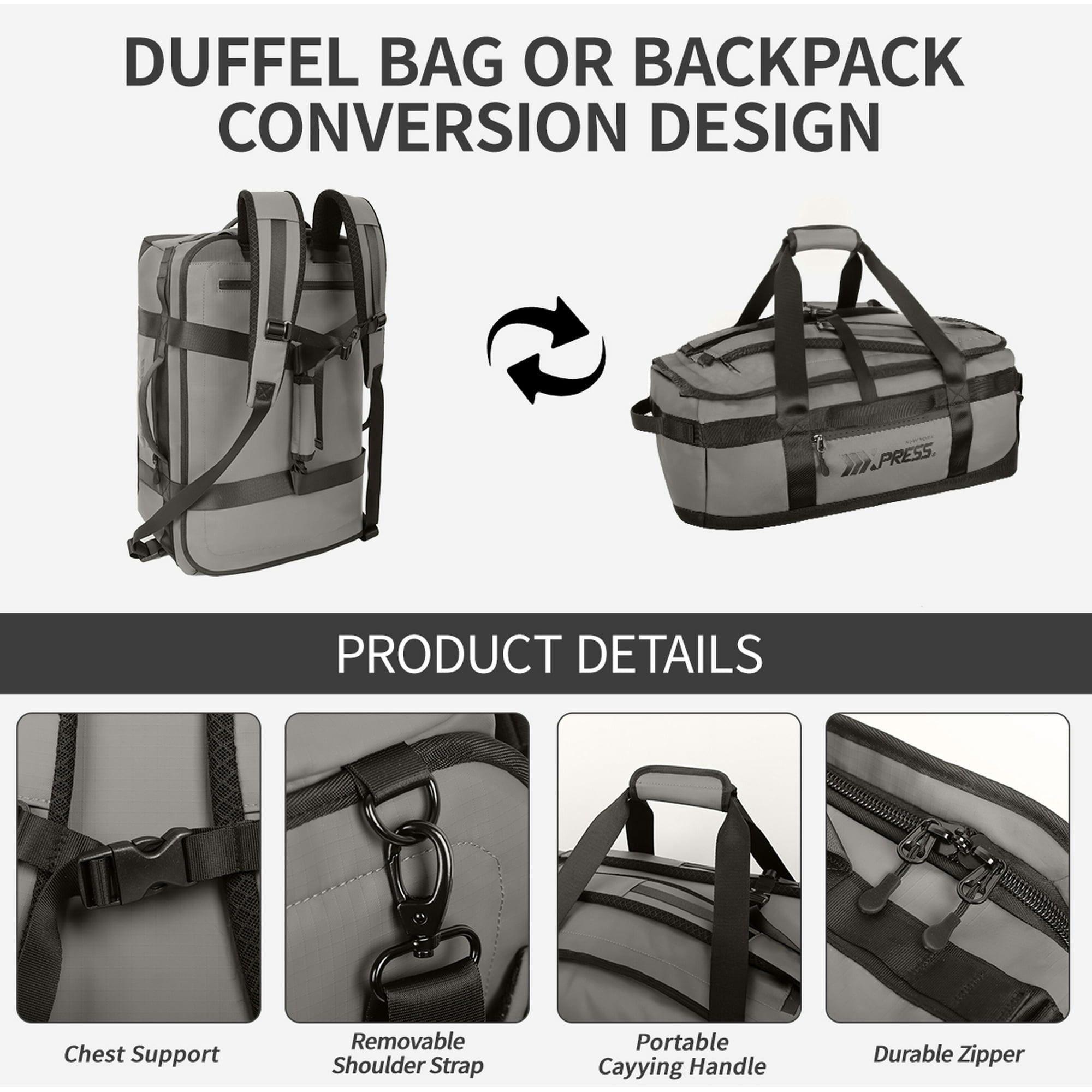New York Xpress 40L Convertible Duffel Bag,Heavy-Duty Water-Resistant Travel Bag with Backpack Straps,Grey - LX737