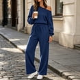thumbnail image 5 of Xinoom Women's 2 Piece Off Shoulder Sweatshirt Set, Long Sleeve Slouchy Top & Elastic Waist Wide Leg Pants, Soft Matching Outfit, Gift for Ladies, Casual Hangout Navy,M, 5 of 6