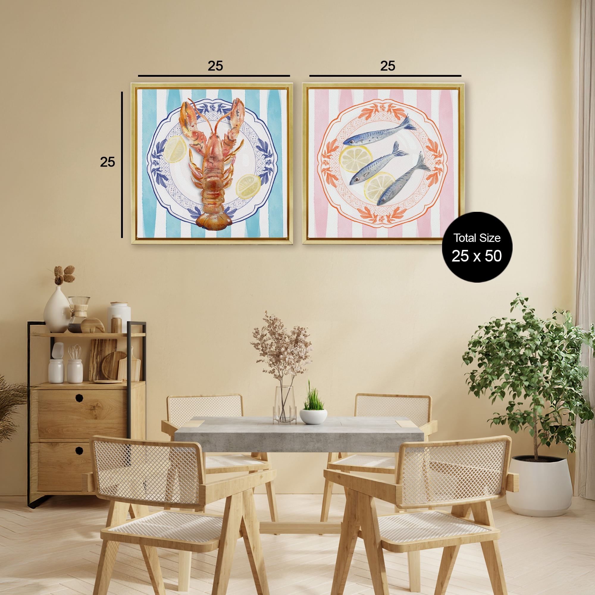 Stupell Industries Lobster & Sardines Plates 2 Piece Gold Framed Floater Canvas Set, design by Christie Adams