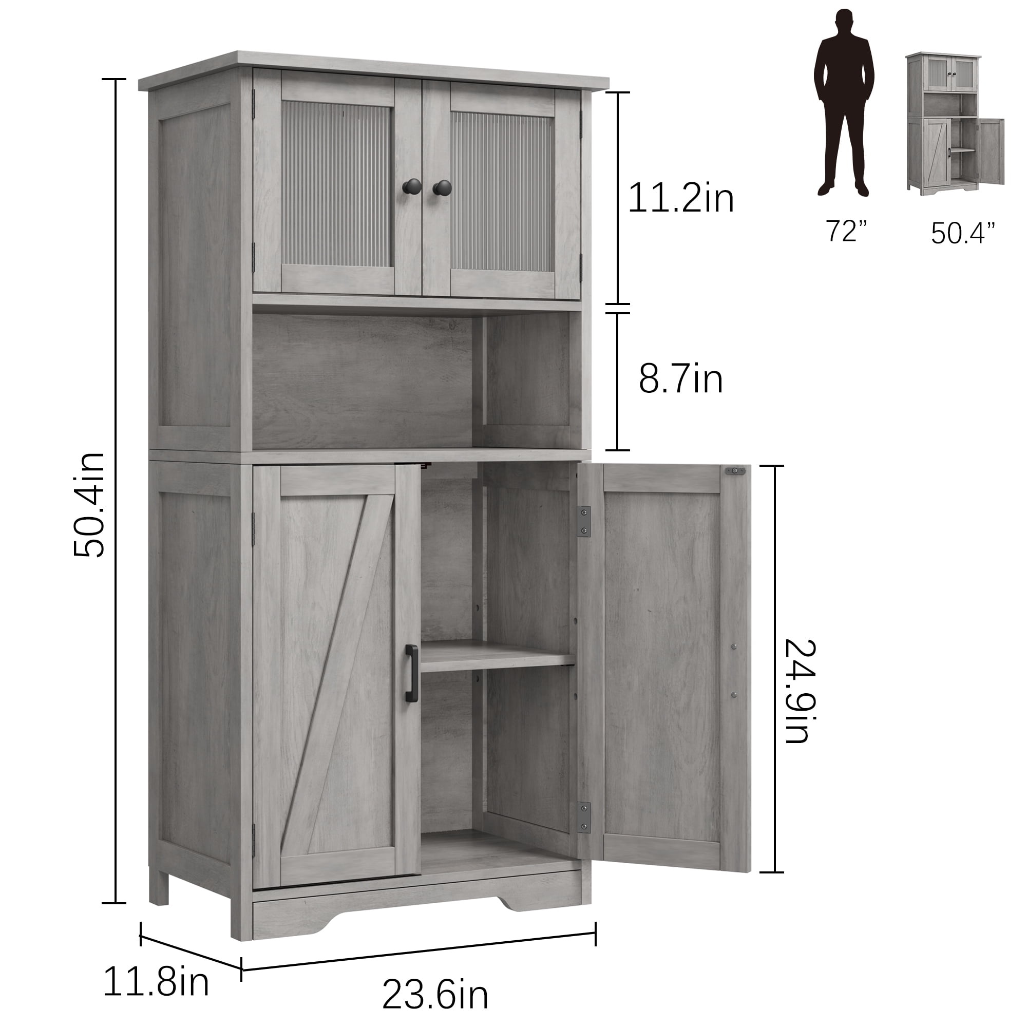 Roromall Farmhouse Storage Cabinet with Glass Doors and Adjustable Shelves, Freestanding Kitchen Pantry Cabinet, Cupboard Floor Cabinet for Living Room, Dining Room
