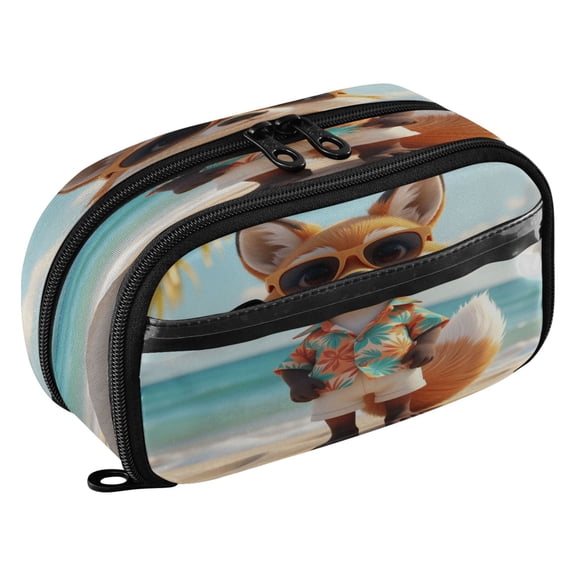Large Pencil Pen Case Capacity PVC Pencil Pouch Makeup Bag for Women Man, Beach-foxPrinted