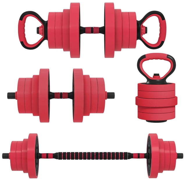 Soozier Ensemble d'Haltères Réglables Rouges de 88 Lb - Barre, Kettlebell et Support de Pompes 4-en-1 pour l'Entraînement de Force à la Maison et les Entraînements de Mise en Forme