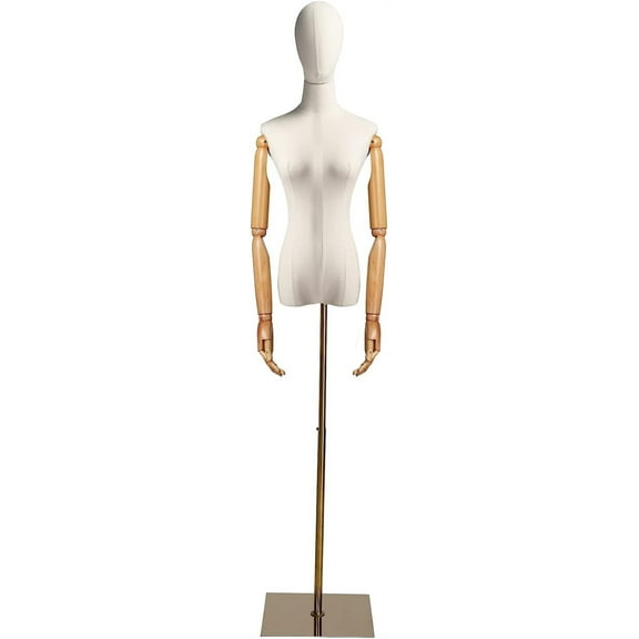 Bonnlo Female Head and Posable Wooden Arms Mannequin with Metal Base, 29.5"-52", White/Brown