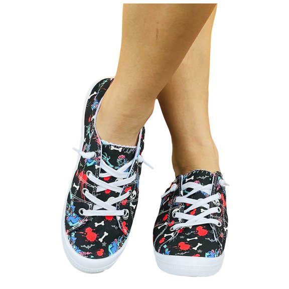 Womens Halloween Low Top Fashion Sneakers Casual Canvas Shoes Skeleton Pattern Slip on Walking Flats