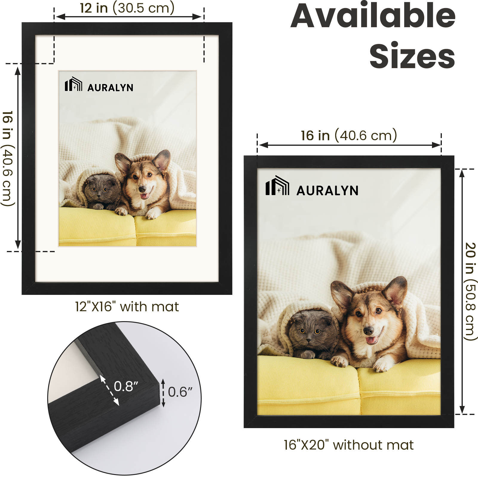 AURALYN 16x20 Picture Frames Set of 3, Fits 12x16 with Mat – Safe for Fingers, Includes Hanging Kit – Gallery Wall Frames, Black