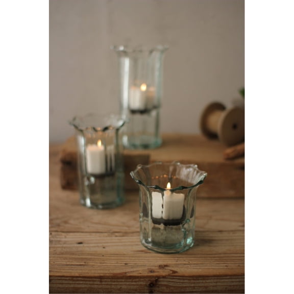 SET OF THREE RECYCLED GLASS RIBBED VOTIVE CYLINDERS