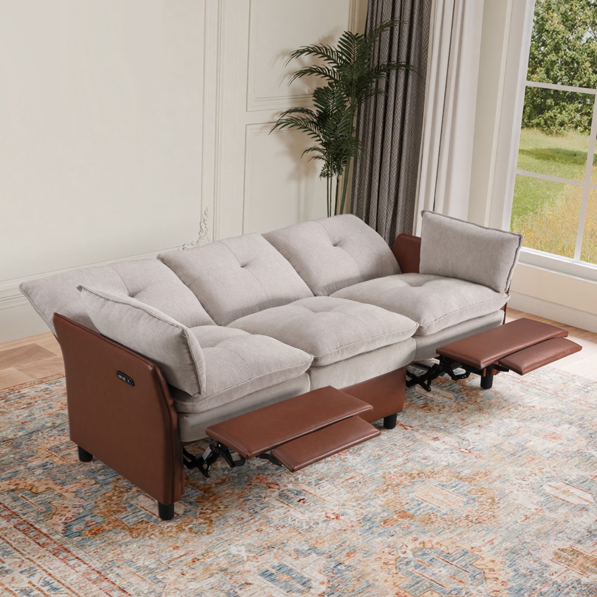MAYEERTY 3-Seater Reclining Sofa with Extendable Footrest, Dual-Tone Linen & PU Leather Couch, 660 LBS Capacity for Living Room Apartment