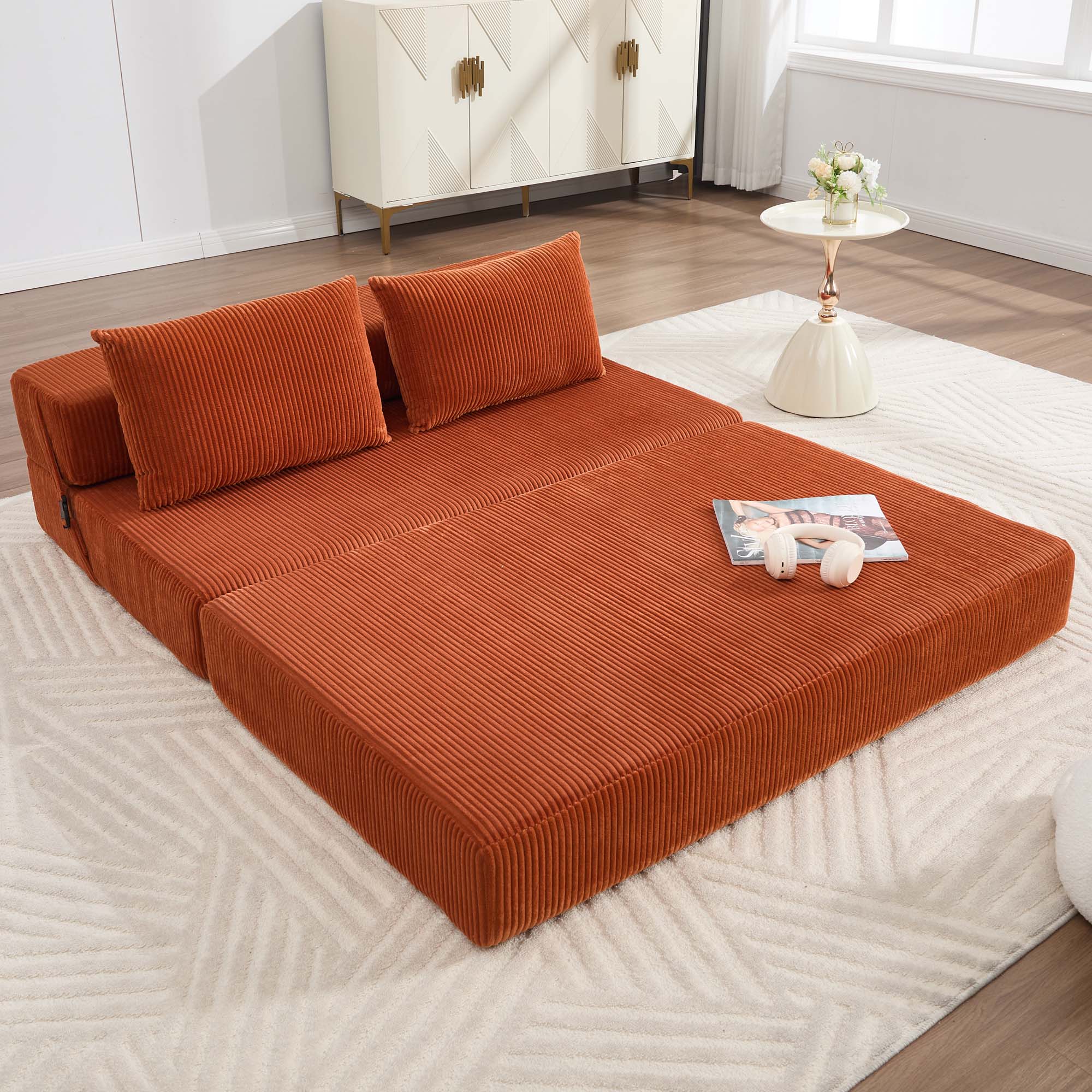 Miniyam Orange Sofa Bed, 55"x80" Full Size Sleeper & Compact Lounge Chair, Converts from 16"H Seat to Bed, Easy Assembly for Small Space, Dorm, Office