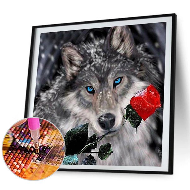 Cuadros Decorativos Taladro redondo completo de diamantes de imitación con pintura de lobo de nieve rosa para decoración de habitaciones Ehuebsd embutido en tela