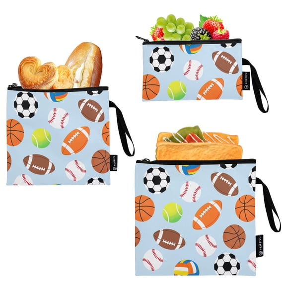 Ryvnso 3 Pack Reusable Snack Bags Sandwich Storage Pouches Washable Lunch Bag Basketball Soccer Ball