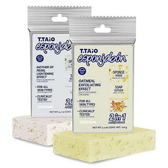 T.Taio Soap-Infused Sponge – Oatmeal & Mother of Pearl – for All Skin Types – Unisex – 2 Pack