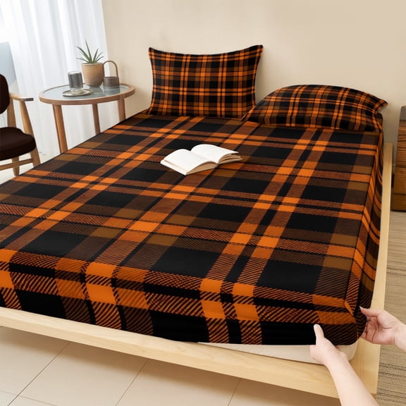 Full Size Fitted Sheet Set - Burnt Orange Plaid 3 Piece Bedding Sets 16" Deep Pocket Fitted Sheet with 2 Pillowcases, Farmhouse Retro Black Checkered Brushed Microfiber Hotel Luxury Bed Sheets