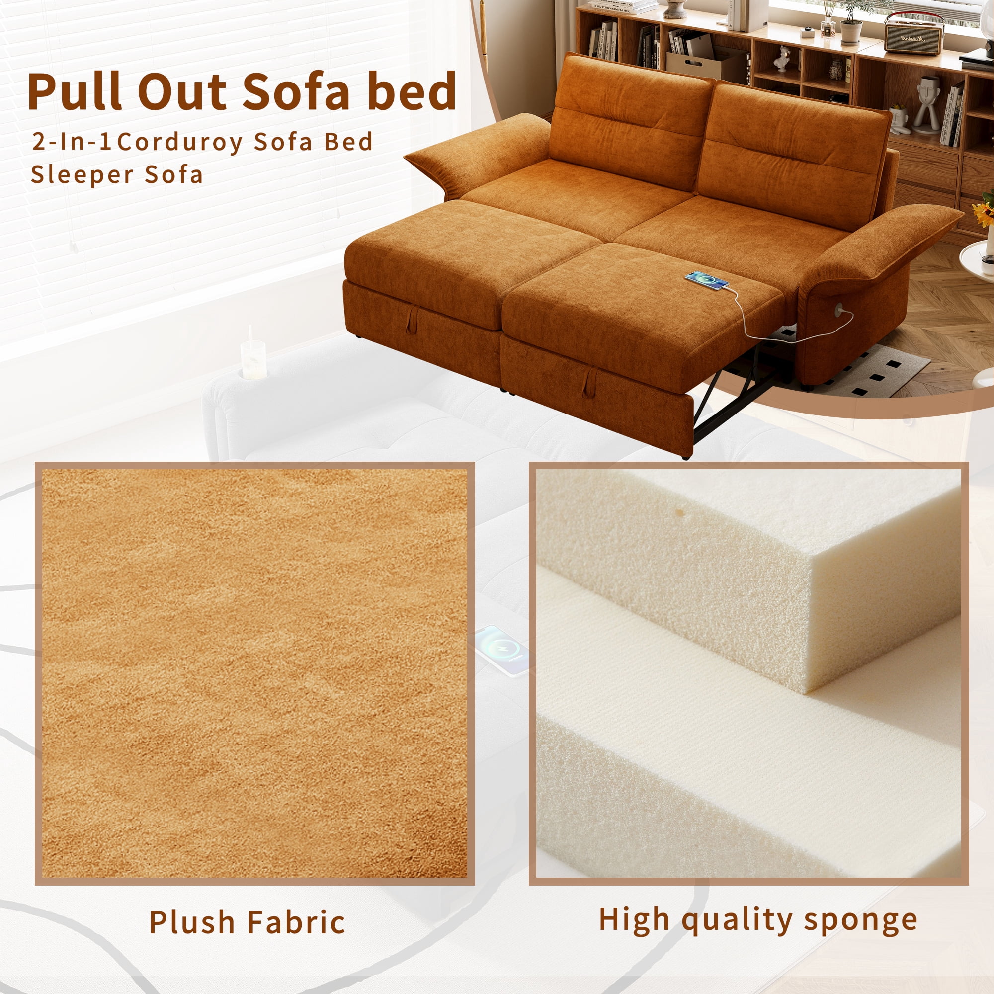 Leumius 85" Convertible Sofa Bed with Wood Frame,2-in-1 Upholstered Sleeper Sofa Bed with Pull Out Bed for Living Room,Apartment,600 lbs Capacity,Orange