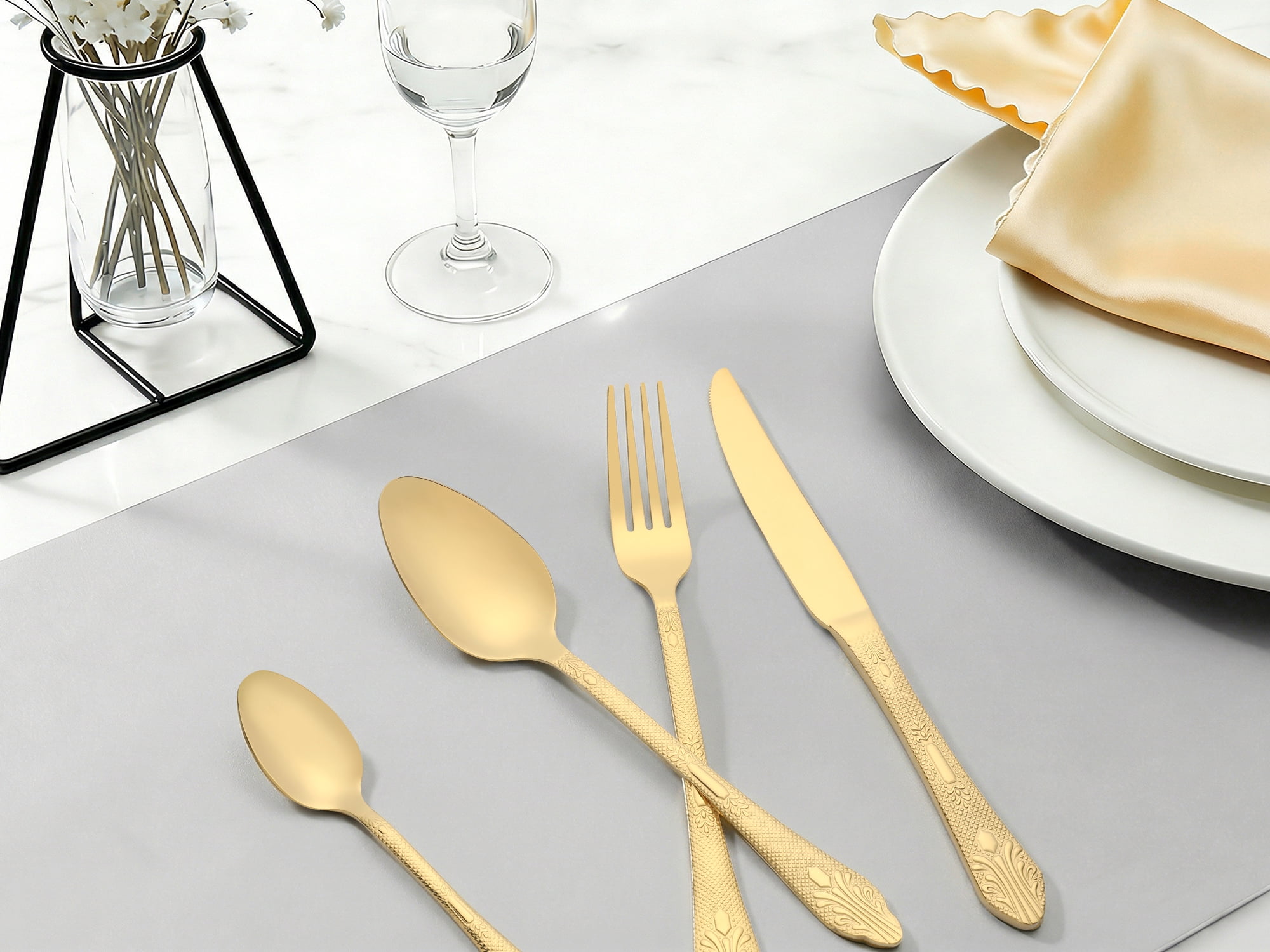 Unique Bargains 4 Piece Silverware Set Stainless Steel Floral Flatware Set Gold 4