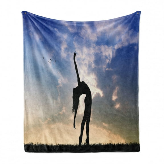 Cartoon Soft Flannel Fleece Throw Blanket, Silhouette of Girl Dancing in Nature Sunset Relaxing Outdoors Activity Concept, Cozy Plush for Indoor and Outdoor Use, 70" x 90", Multicolor, by Ambesonne