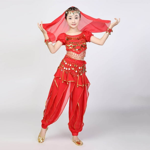 Conjunto de baile para niña, de poliéster, con top de lentejuelas de manga corta, cintura elástica, pantalones largos, talla mediana, cadena en la cintura, diadema y pulsera