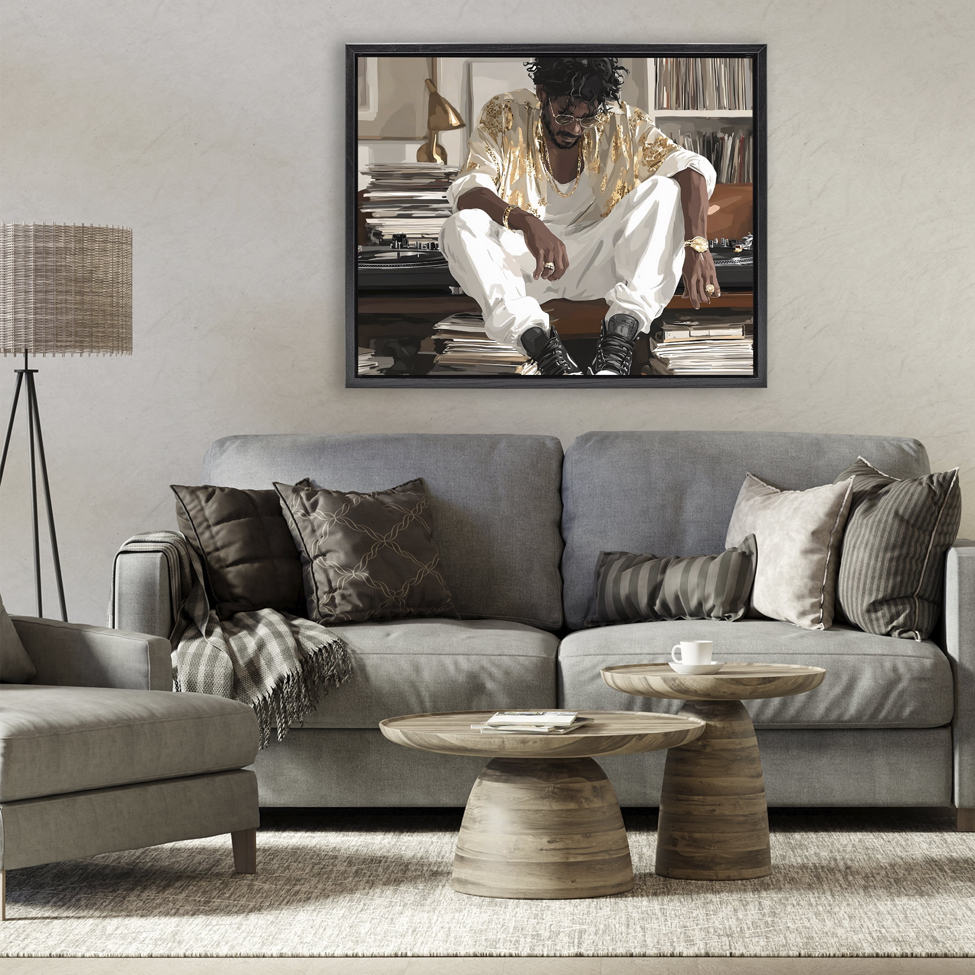 Stupell Industries DJ with Record Collection Black Framed Floater Canvas Wall Art, design by Franklyn Gregory