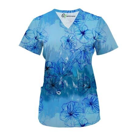 

Womens Medical Nursing Print Scrub Uniform Top GT Performance-Water Floral-Medium