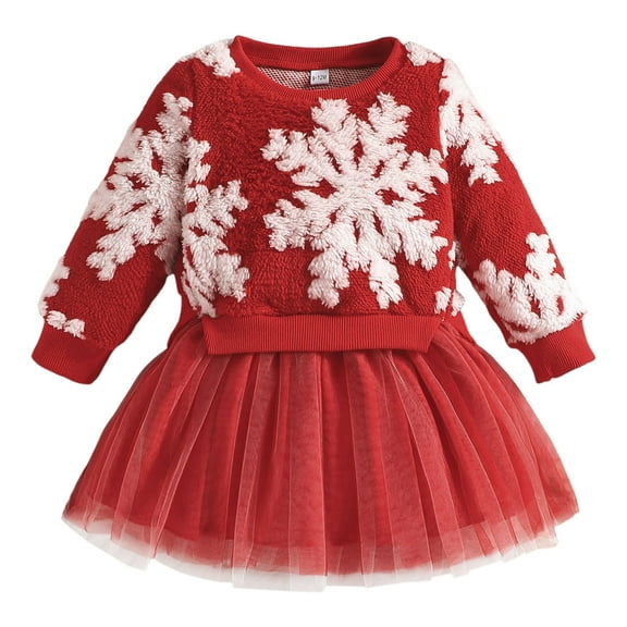 WUXIAN Toddler Children Girls Christmas Long Sleeve Snowflake Printed Dresses Tulle Dress Sundress Baby Versatile Dailywear