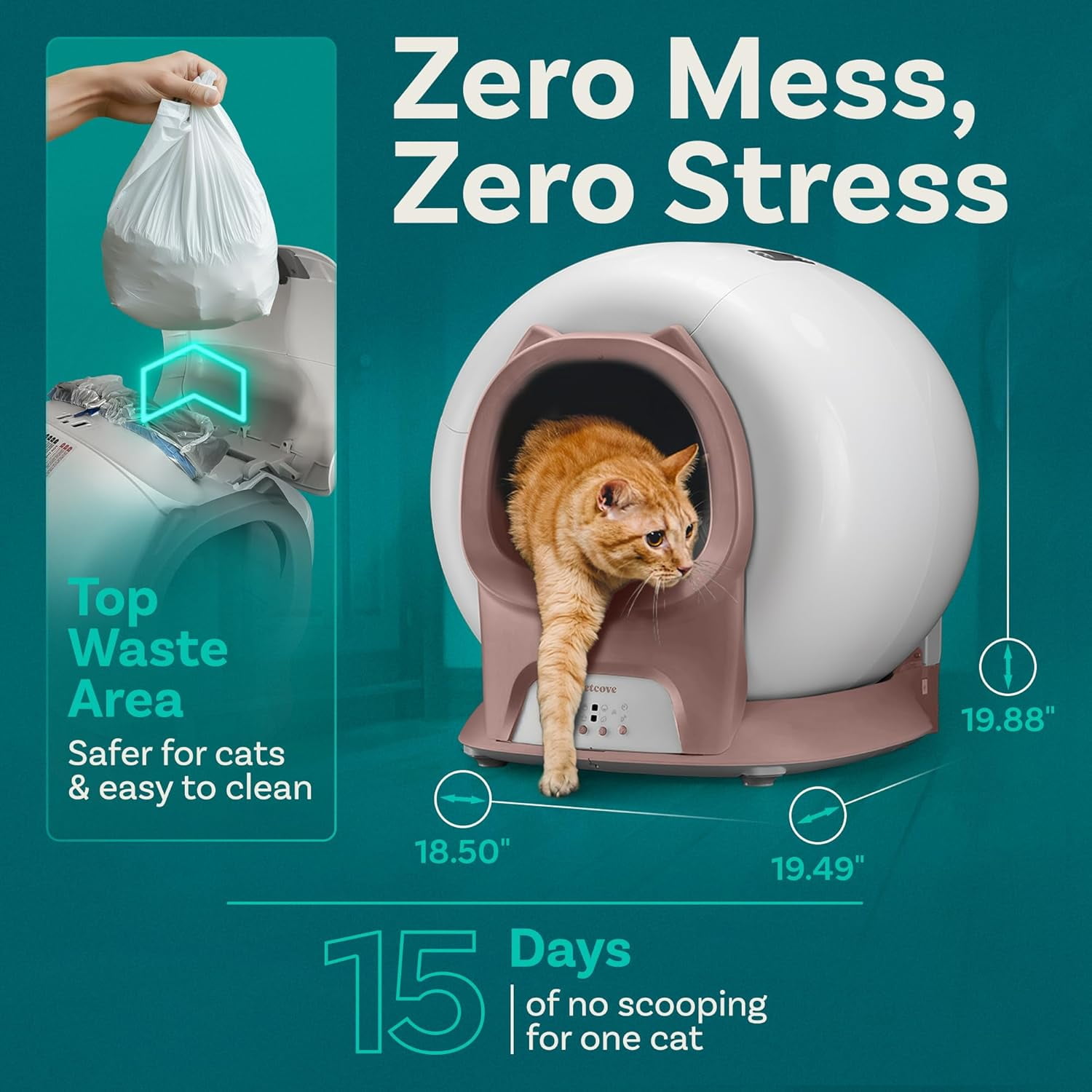 Petcove Automatic Litter Box Self Cleaning for Cats with App Control – Smart Cat Litter Box, Odor Control, for Multiple Cats - Pink