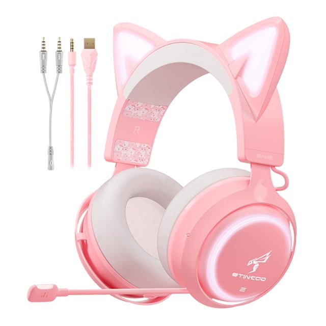DQrwqpou Para Colocar Sobre Las Orejas Luminosos para Juegos Con Micrófono (Rosa 3.5+USB)