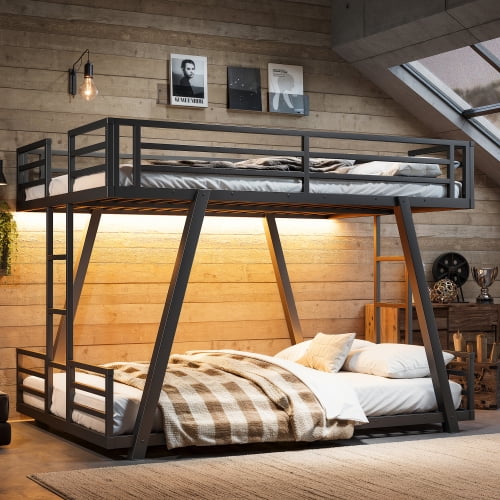 HICOMILA Metal Bunk Bed with 2 Side Ladders and LED Light