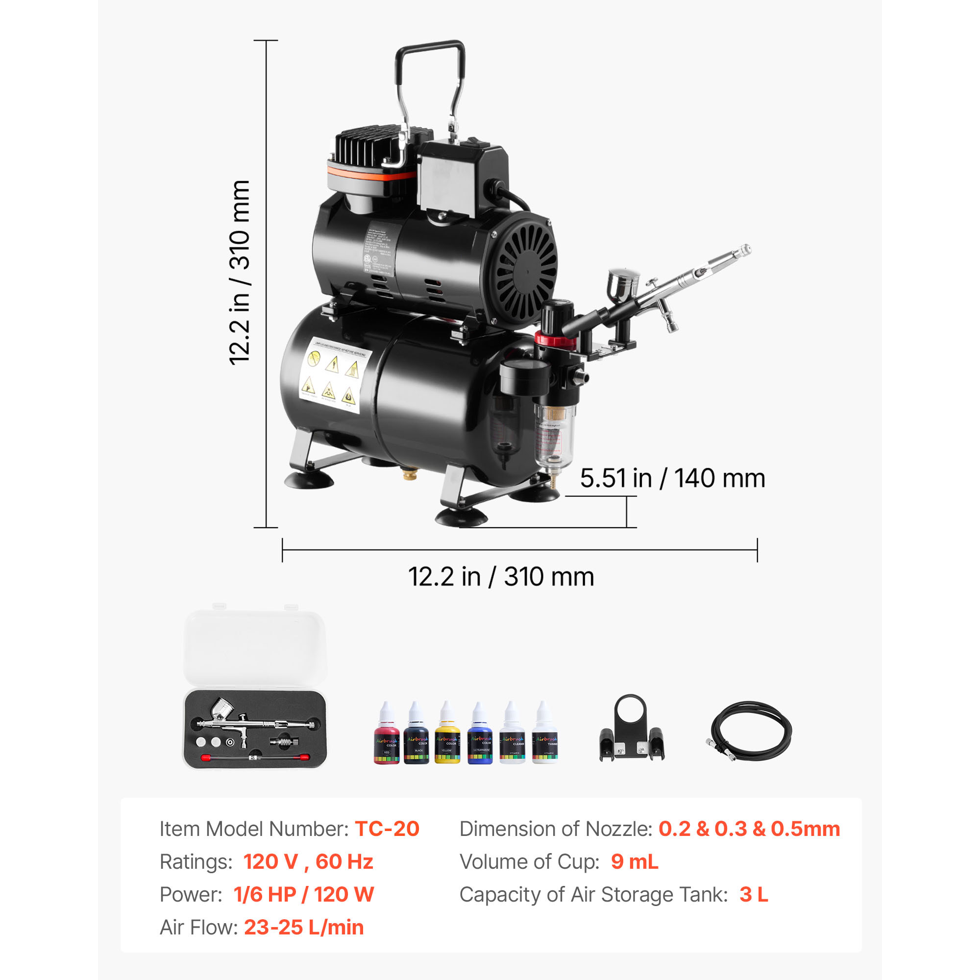 KFFKFF Airbrush Kit with Compressor and Tank, 1/6 HP, Dual-Action Airbrush with 3 Nozzles, Acrylic Paint, Quiet Operation, Ideal for Cake Decoration, Model Crafting, and Nail Design