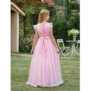 IBTOM CASTLE Flower Little Big Girls Maxi Dress Bridesmaid Wedding Pageant Party Princess Communion Floral Boho Vintage Lace Dance Gown 11-12 Years Rainbow Pink