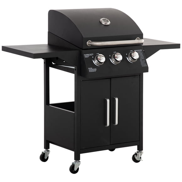 3-Burner Propane Gas Grill, Carbon Steel Outdoor Barbecue with Warming Rack, Side Shelves, Storage Cabinet & Wheels, 47.6" L x 23.2" W x 42.9" H, Black, Patio & Garden
