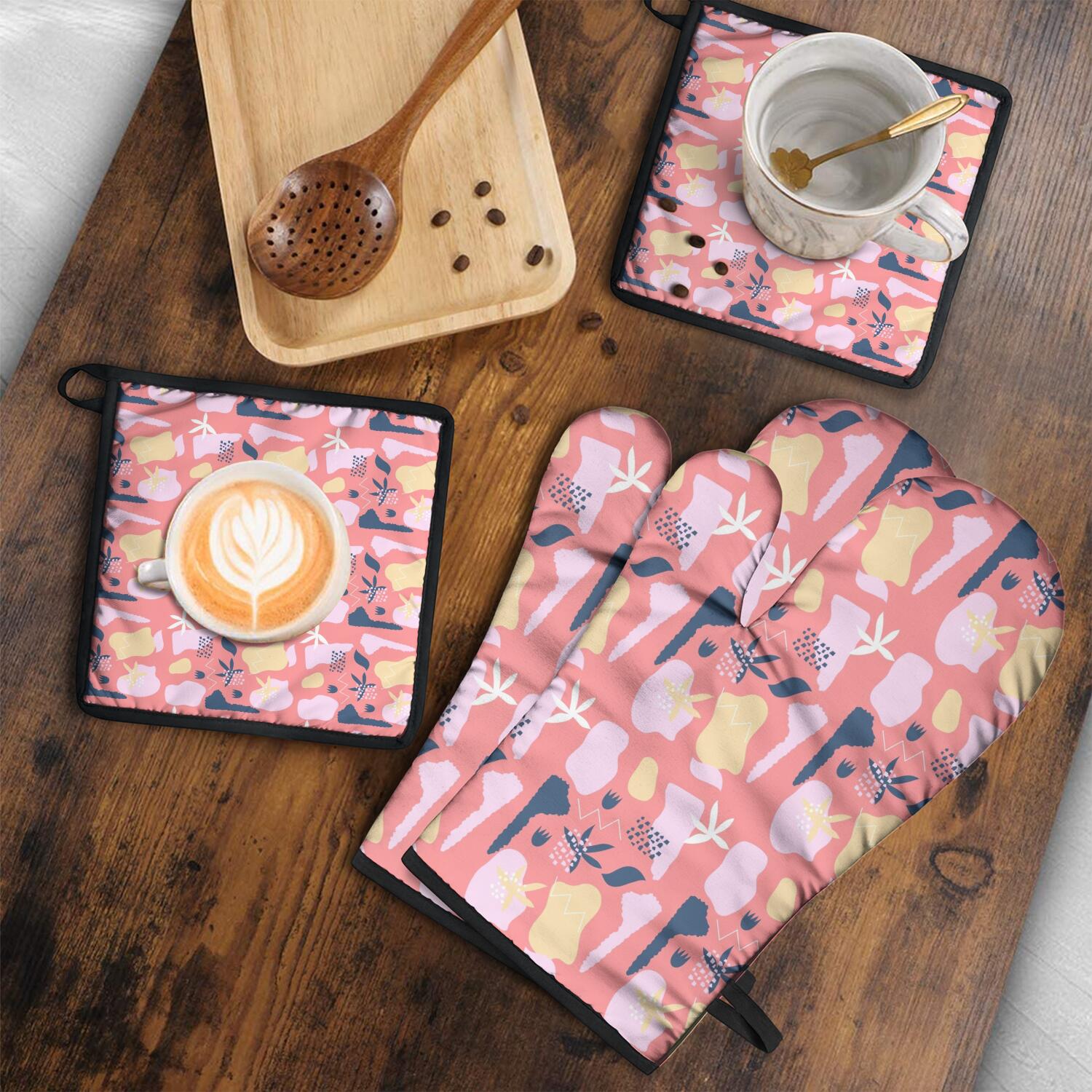 Floral Pattern Oven Mitts and Pot Holders Set Of 4, Heat Resistant Kitchen Gloves with Non-Slip Grip, Hanging Loop, Soft Cotton Lining for Baking, Cooking, Grilling, Barbecue