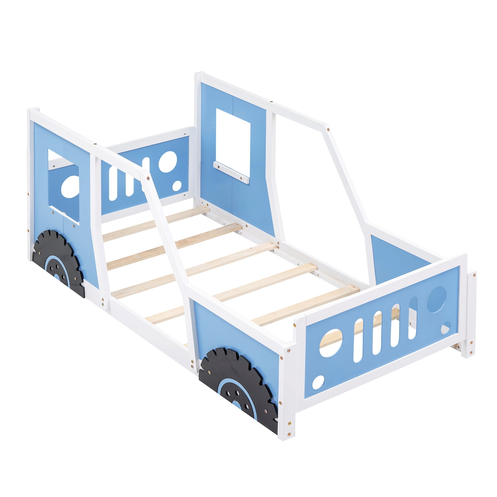 Twin Size Car Shaped Platform Bed Frame with Wheels, Headboard, Footboard, 2 Doors and Windows On Either Side