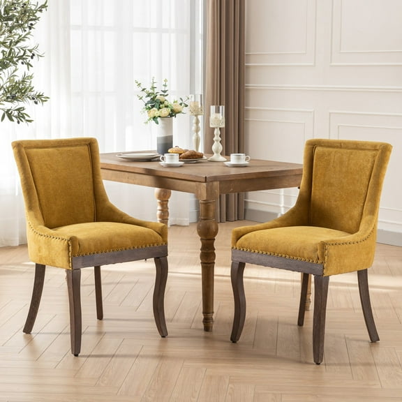 Golden Yellow Dining Chair Pair, Thickened Fabric, Solid Wood Legs, High With Stunning Bronze Nail Head 2 Ultra Side Chairs, Thick Fabric Base, For Comfort, Alluring Rivets, Foam Padded Seat,