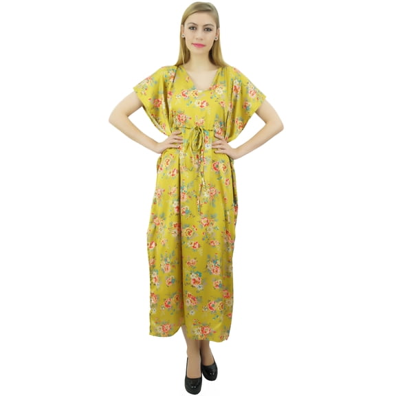 Bimba Women's Long Satin Maxi Drawstring Foral Kaftan Kimono Yellow Gown - 24