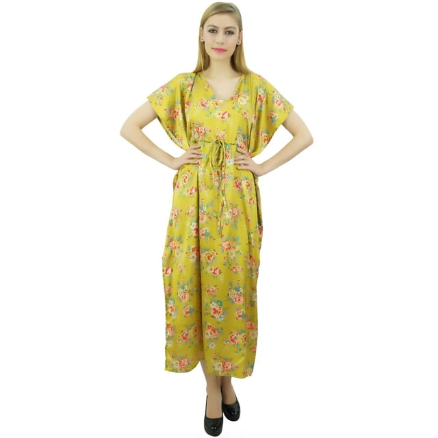Bimba Kimono Long en Satin pour Femmes avec Cordon de Serrage Floral Jaune - 14