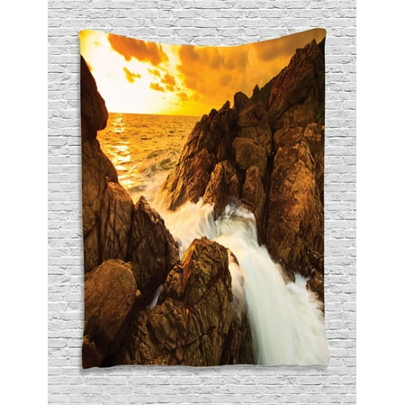 Seaside Rocks - Seaside Decor Wall Hanging Tapestry, Sunset And Waves Over Tropical Wild Rocks On The Beach Heaven Nature Summer Calm Print, Bedroom Living Room Dorm Accessories, By Ambesonne